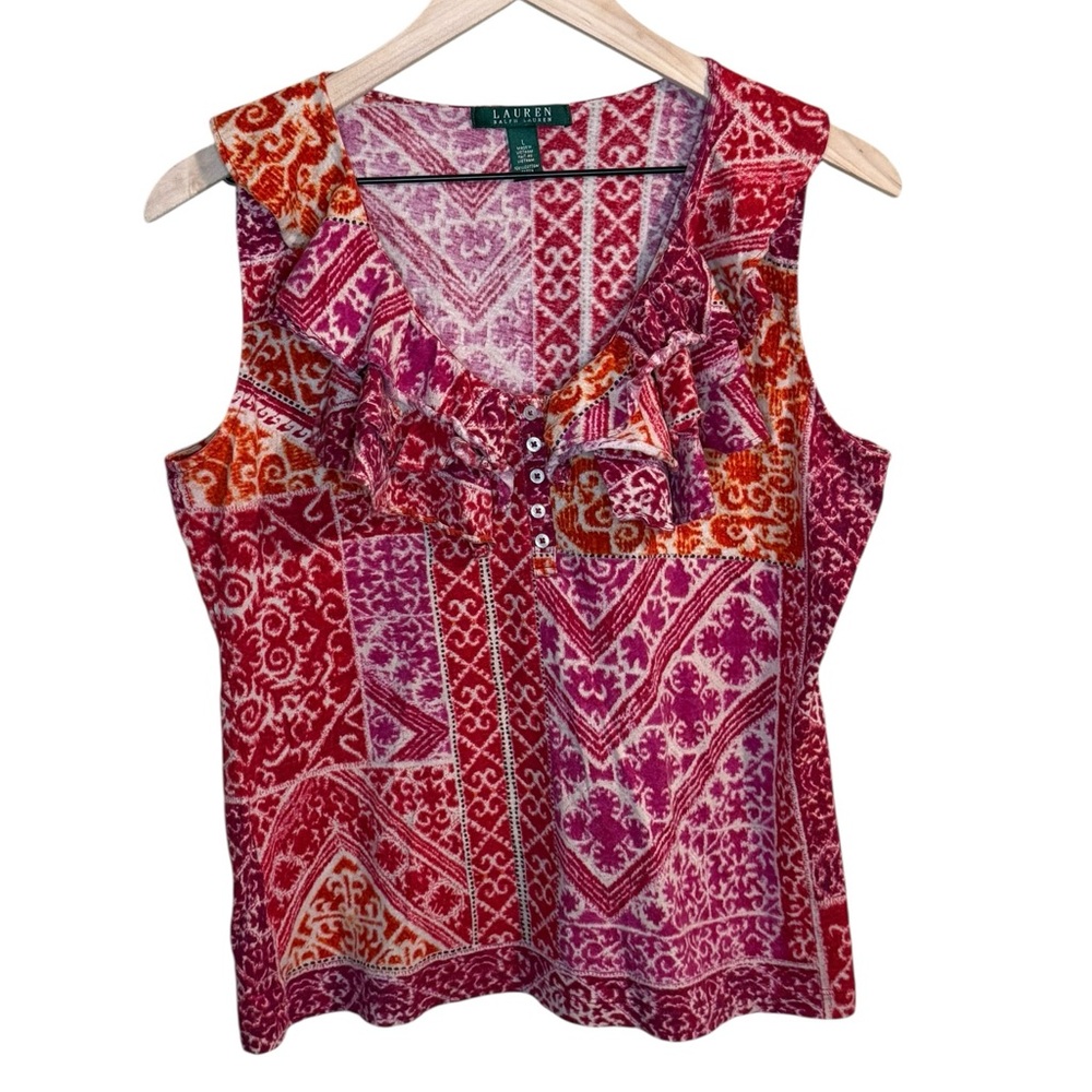 Lauren Ralph Lauren Women’s L Pink & Red Patterned Ruffle V-Neck Sleeveless Top